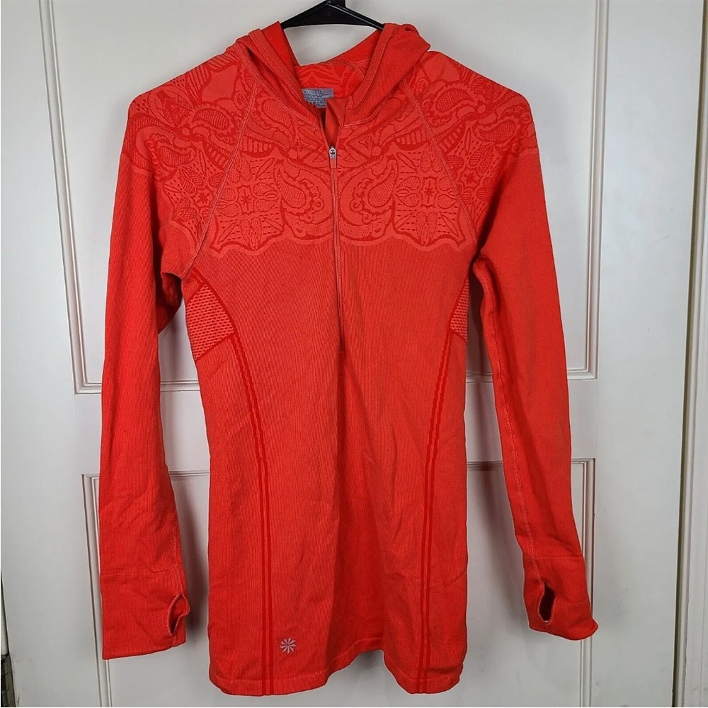 Athleta Seamless Twist Fitted Hoodie 1/2 Zip Pullover Thumbholes Orange Size: L